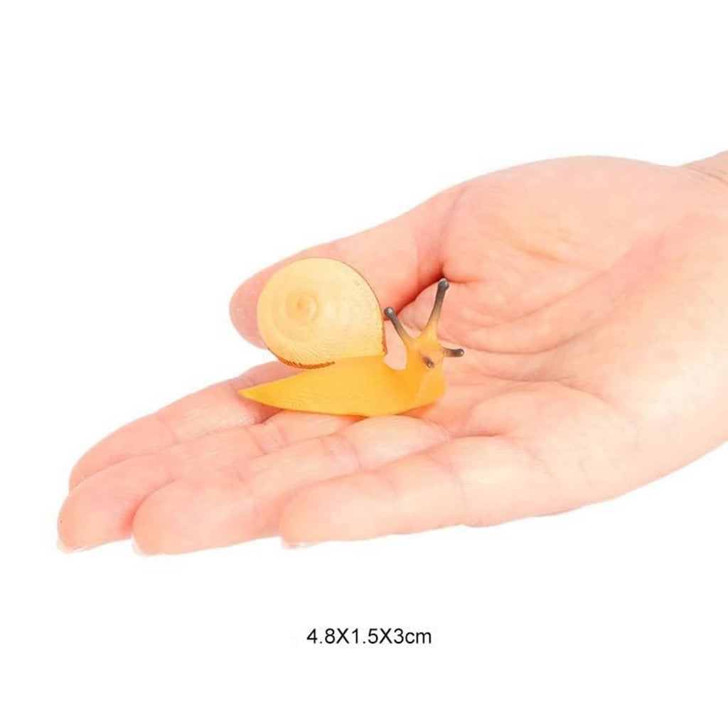 Realistic mini snail figurine held in a hand, light yellow shell and beige body.