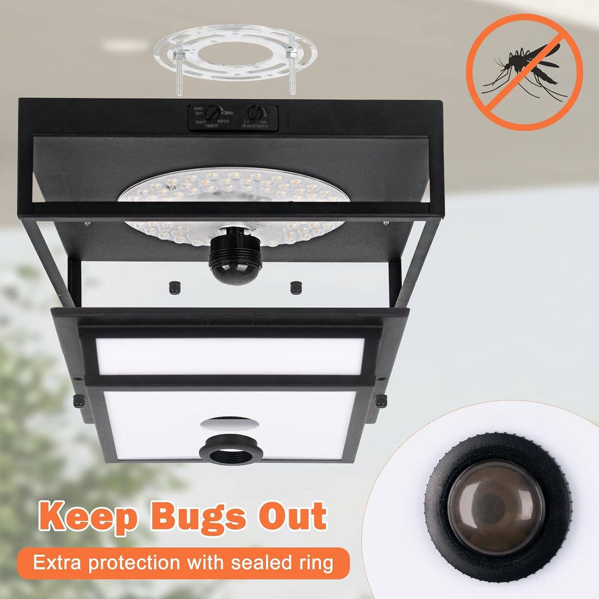 Black LED flush mount outdoor ceiling light with sealed ring and motion sensor