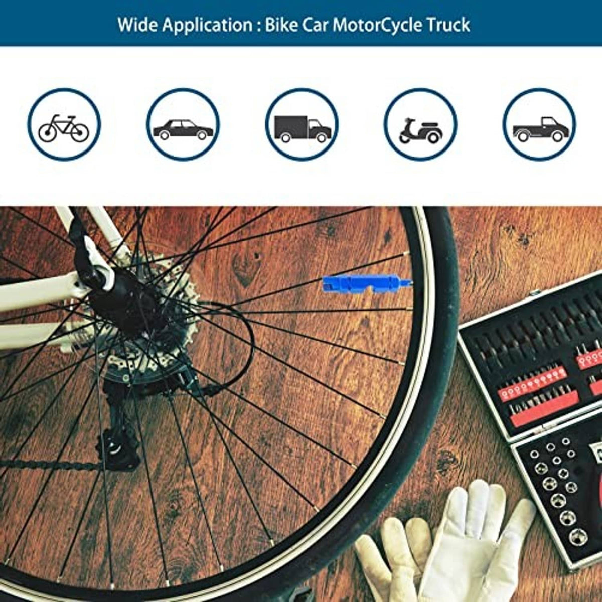 Blue valve core remover tool for tire valve core repair, shown with wheel