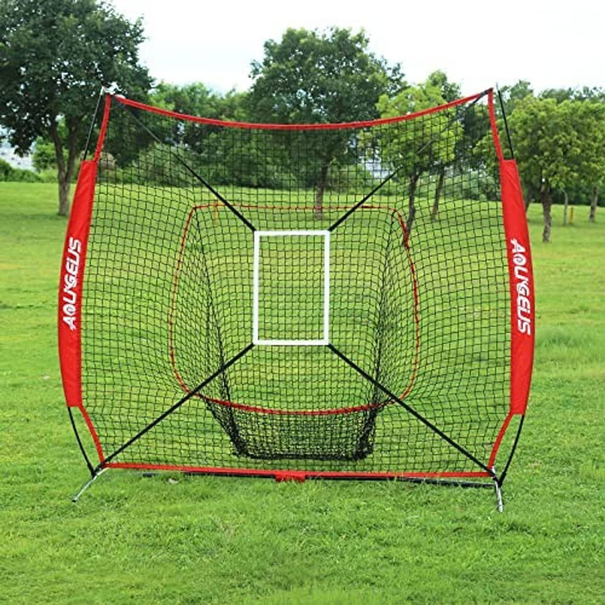 Red and black baseball practice net with white mesh and strike zone target opening