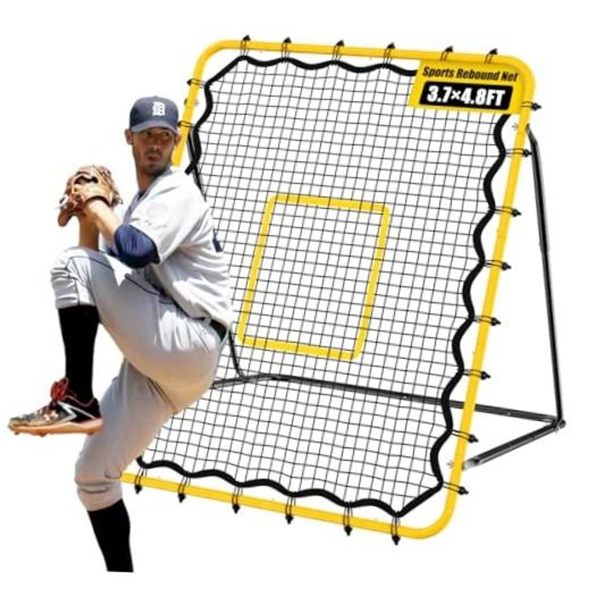 Rebound net with square target window, yellow frame, black grid net for pitching drills