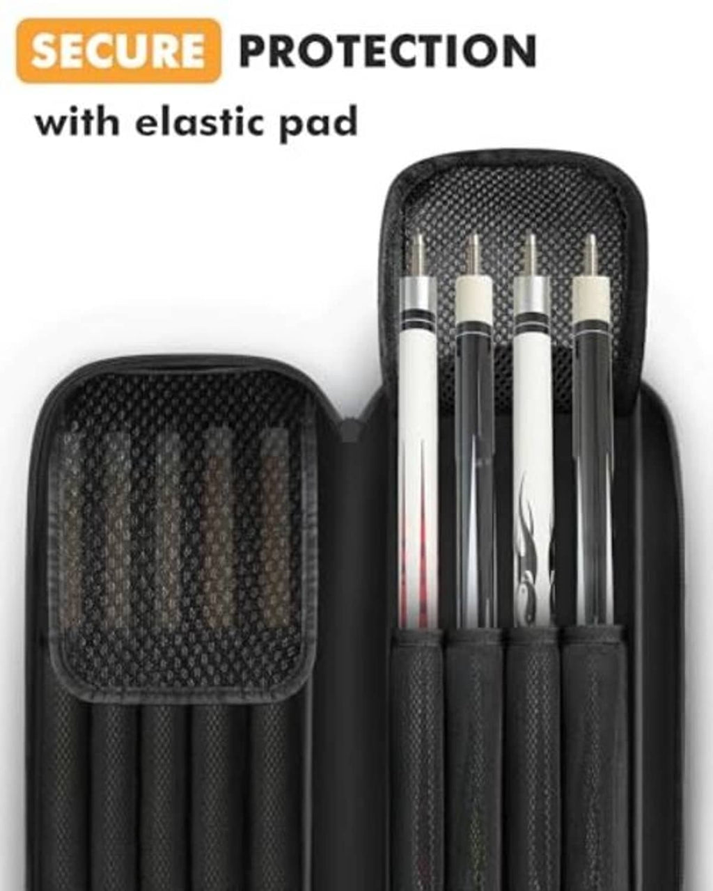 Black pool cue case with elastic pad interior and individual cue sleeves