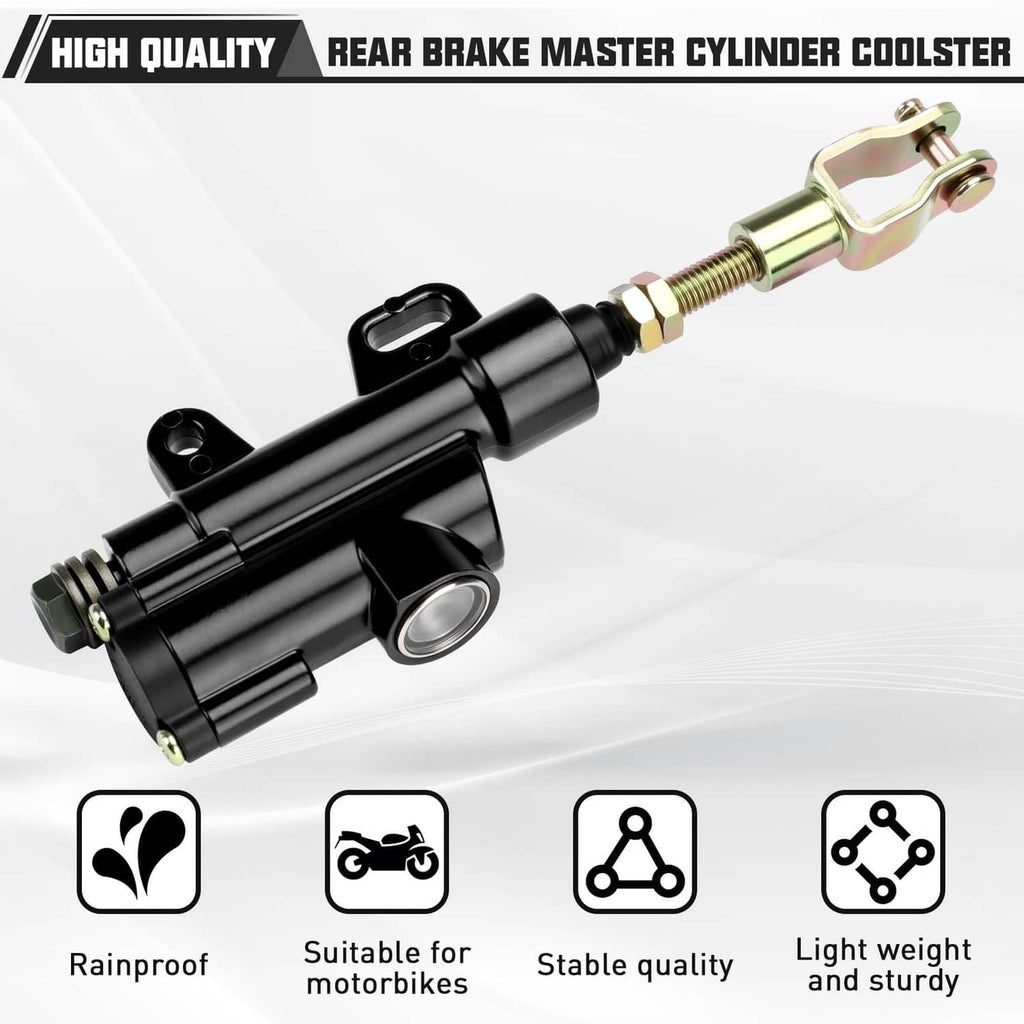 Black rear brake master cylinder coolster with gold rod connector and mounting brackets