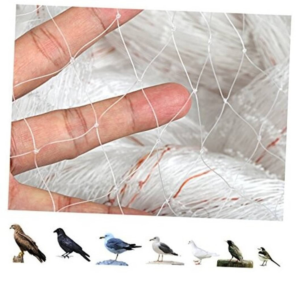 Close-up of clear bird netting mesh with small square holes stretched over fingers