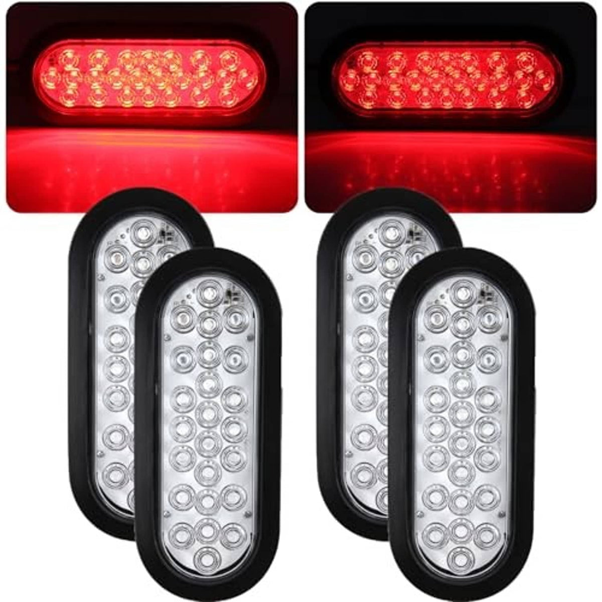 Set of oval LED trailer tail lights with clear lenses and red glow, black housings