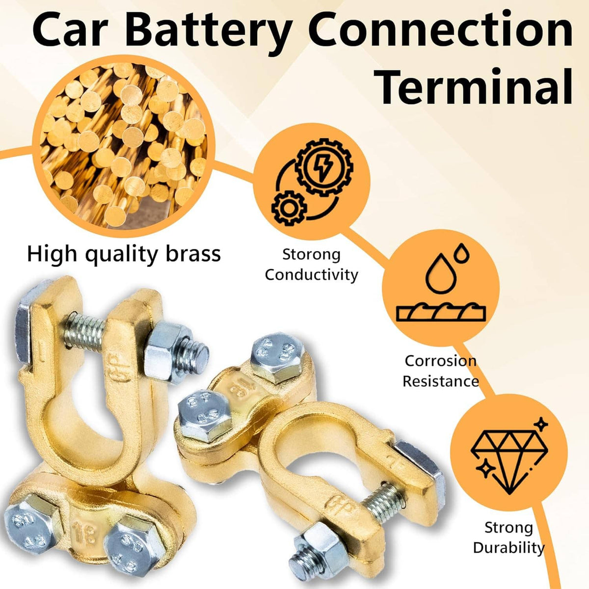 Gold car battery connection terminal clamps with hex hardware and U-bolt grips