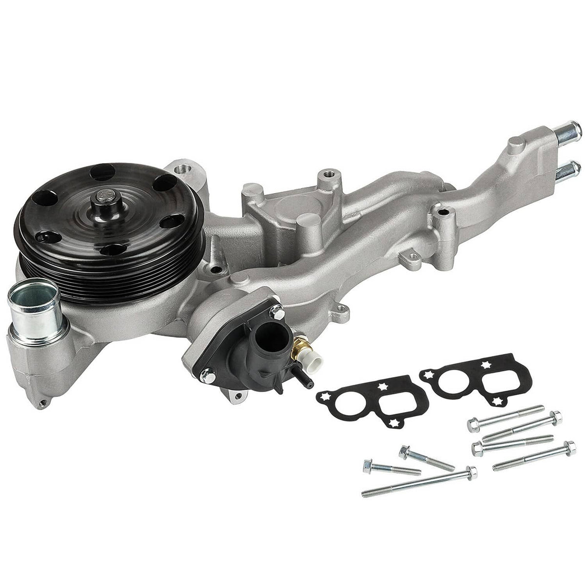 Water pump thermostat assembly kit with gasket seals and mounting bolts