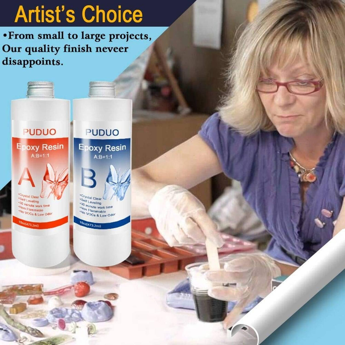 Epoxy resin pouring setup with A/B bottles and disposable gloves for crafting