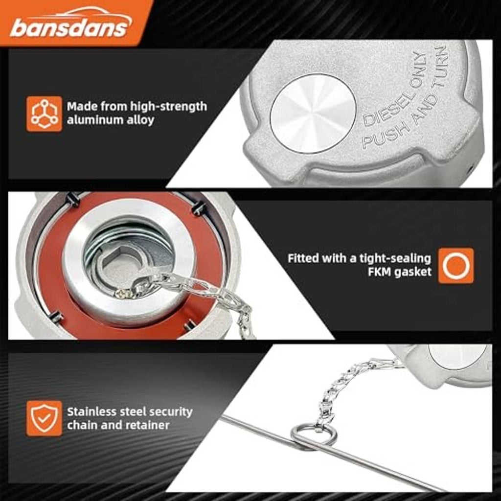 Diesel fuel tank cap interior with red gasket seal and chain, silver housing