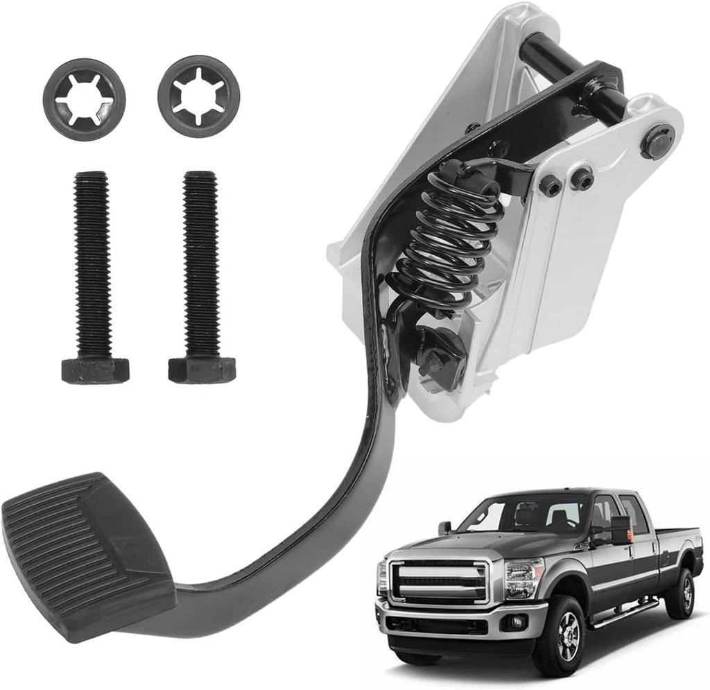 Clutch pedal assembly with spring and mounting hardware, shown from side with foot pad