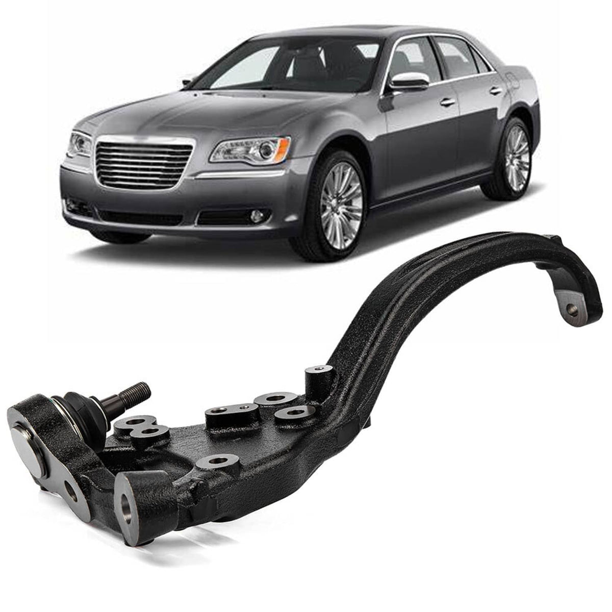 Steering knuckle and control arm assembly with ball joint and bolt mounts, black finish