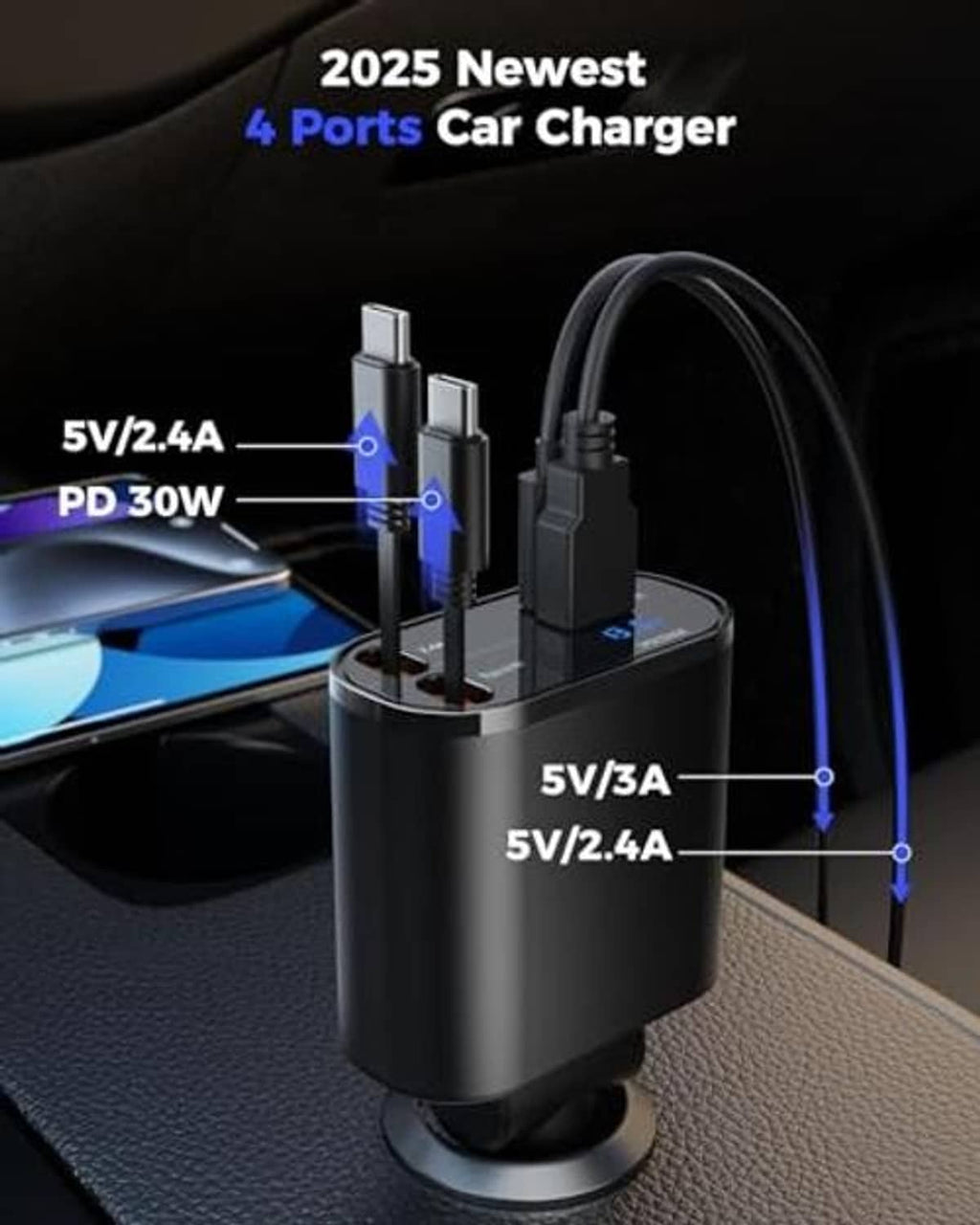Black retractable car charger with multiple port openings and Type-C cable ends