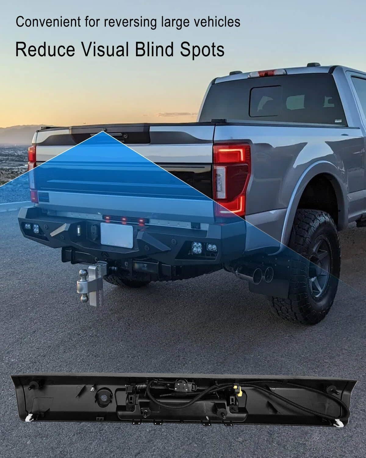 Tailgate handle backup camera installed on pickup truck rear, showing camera housing