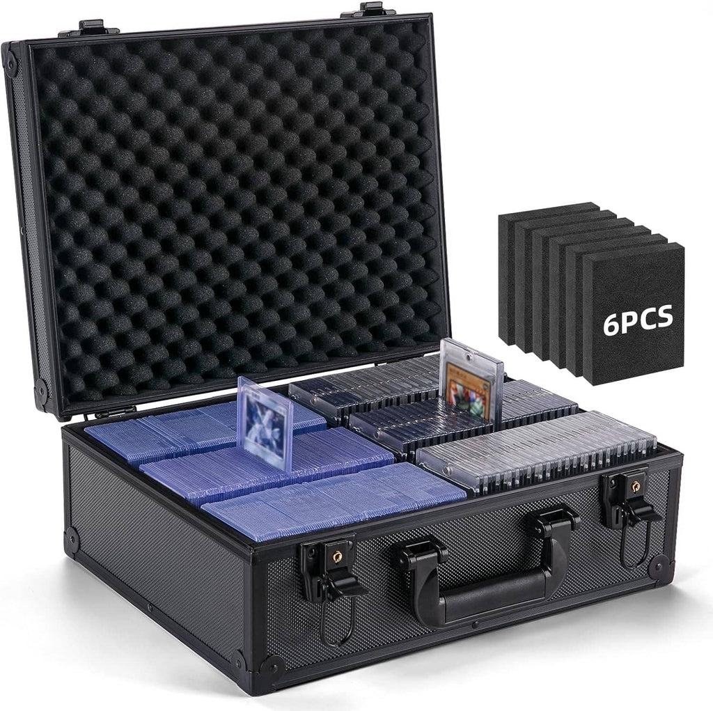 Black trading card storage case opened with foam lid insert and 6pcs spare foam blocks