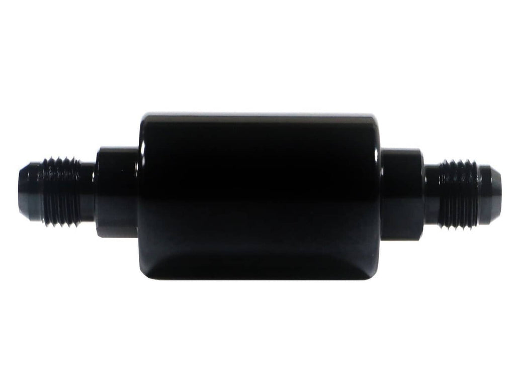 AN6 inline fuel filter front view, black housing with two threaded connector ends