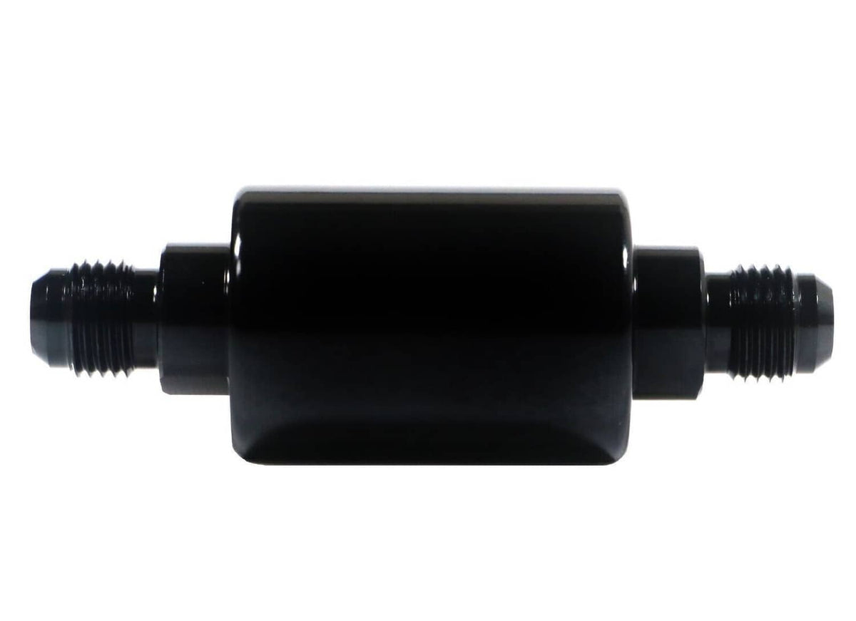 AN6 inline fuel filter front view, black housing with two threaded connector ends