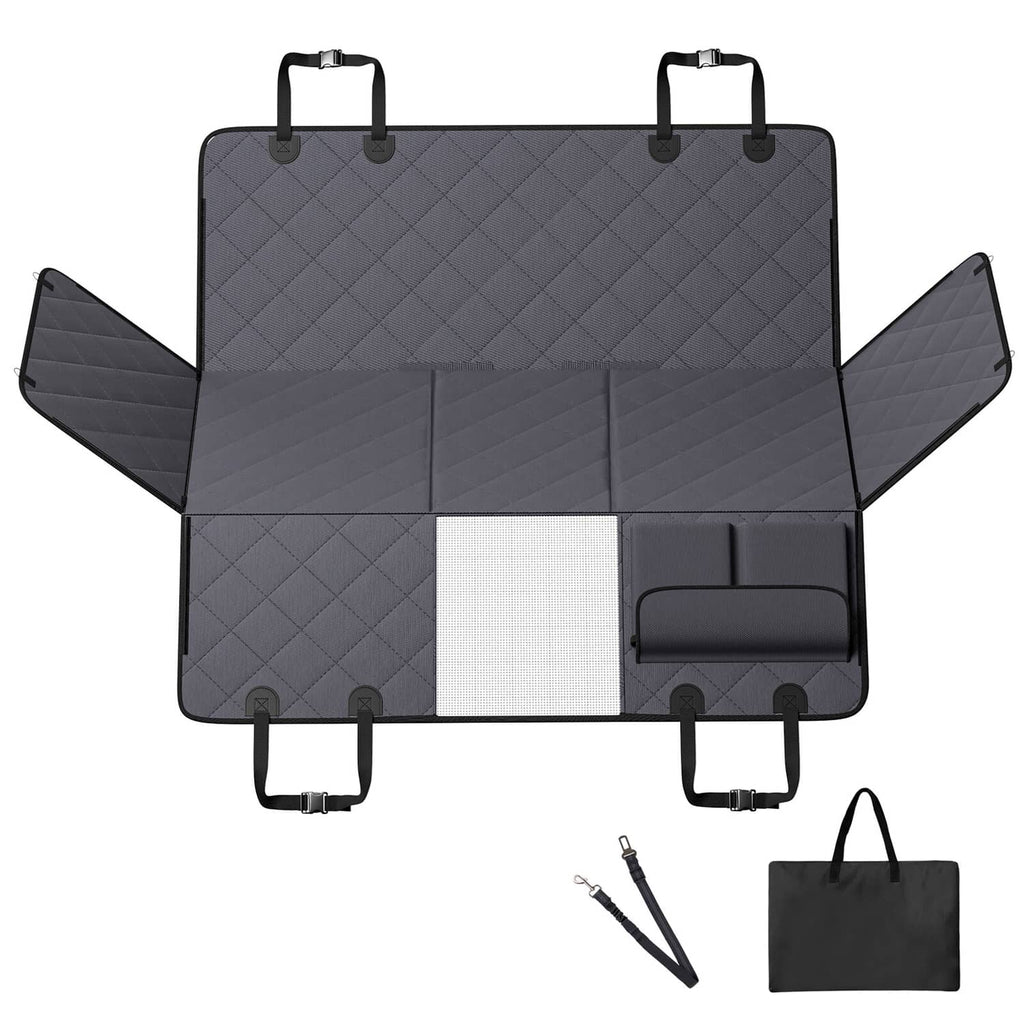 Gray dog car seat cover with hard bottom panel, side wings, and attachment straps