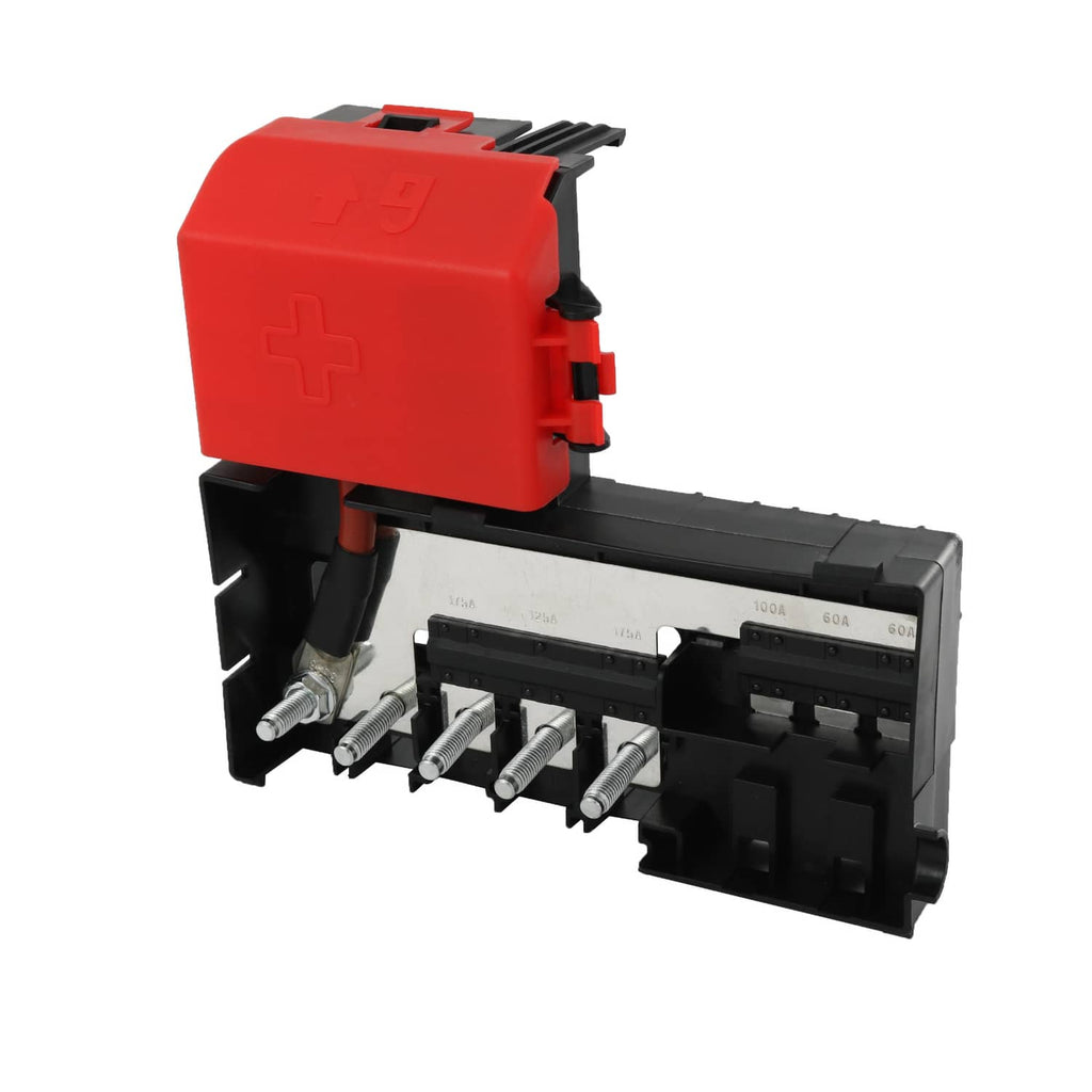 Battery distribution fuse block with red cover, black base, and multiple metal terminals