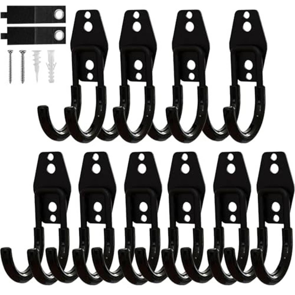 Set of black J-shaped garage hooks with anti-slip grip and mounting hardware, multiple hooks
