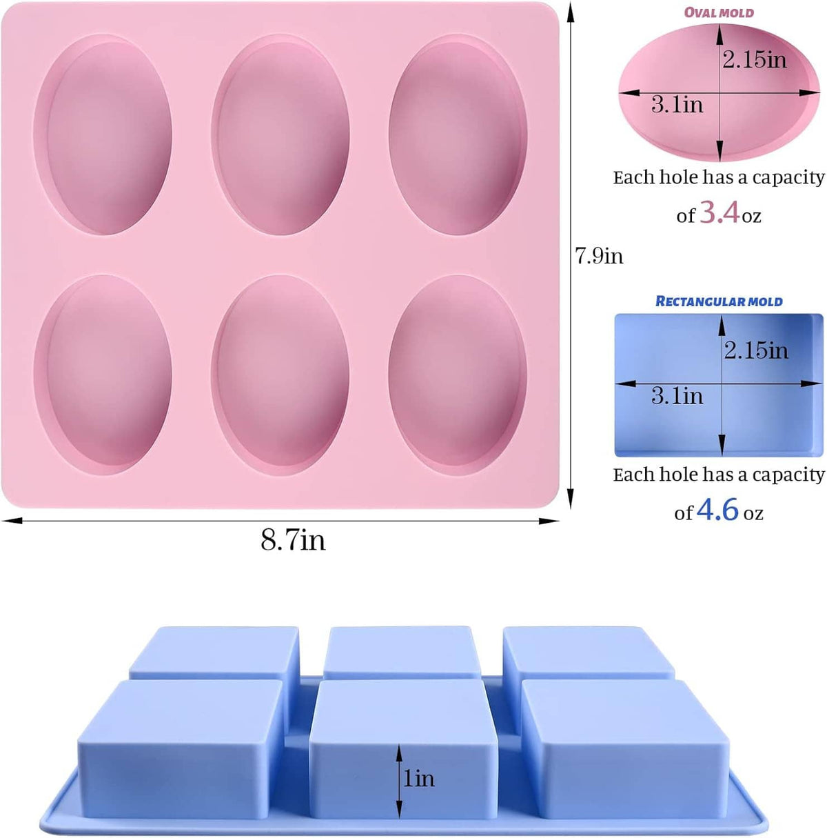 Pink silicone mold with six oval cavities and dimensions layout; blue rectangle mold shown below