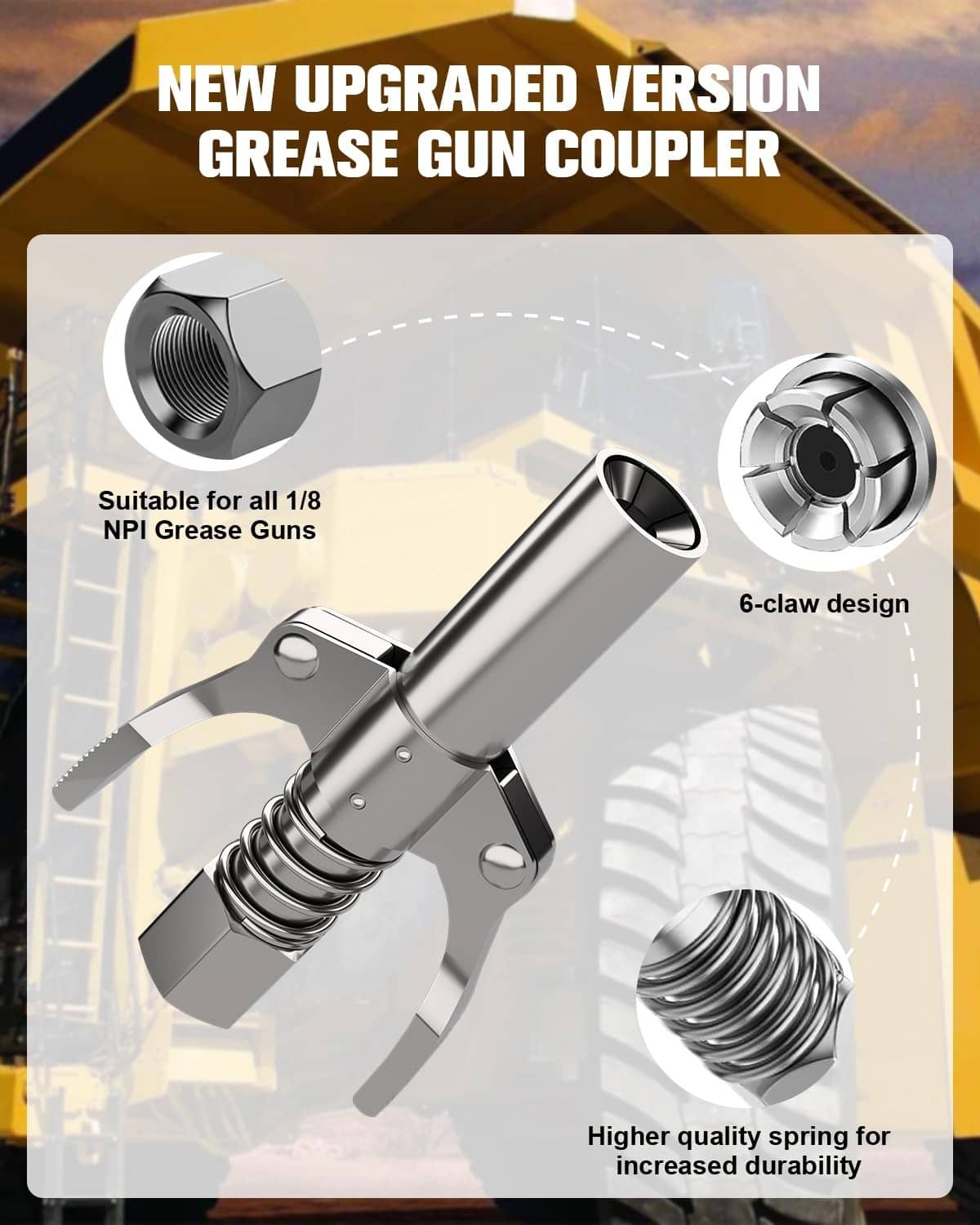 Silver grease gun coupler with threaded inlet and dual grip lever design