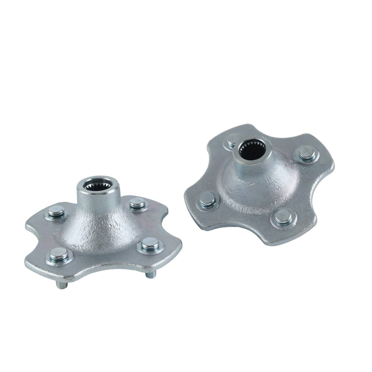 Rear wheel hubs pair, silver flanged metal with round axle bearing bore and mounting studs