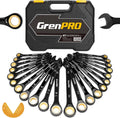 Ratcheting wrench set with black organizer case and gold-accented combo wrench heads