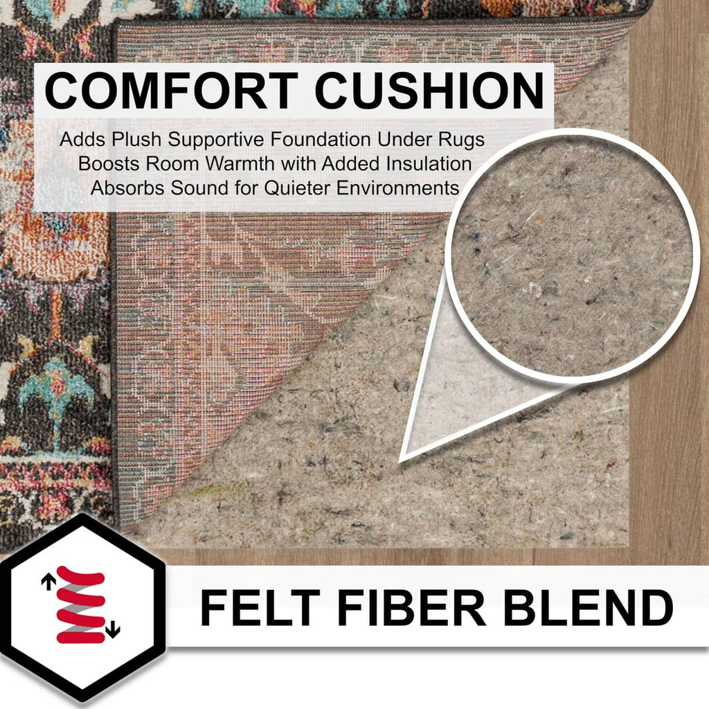 Gray felt rug pad sheet under patterned rug, showing plush cushioning surface