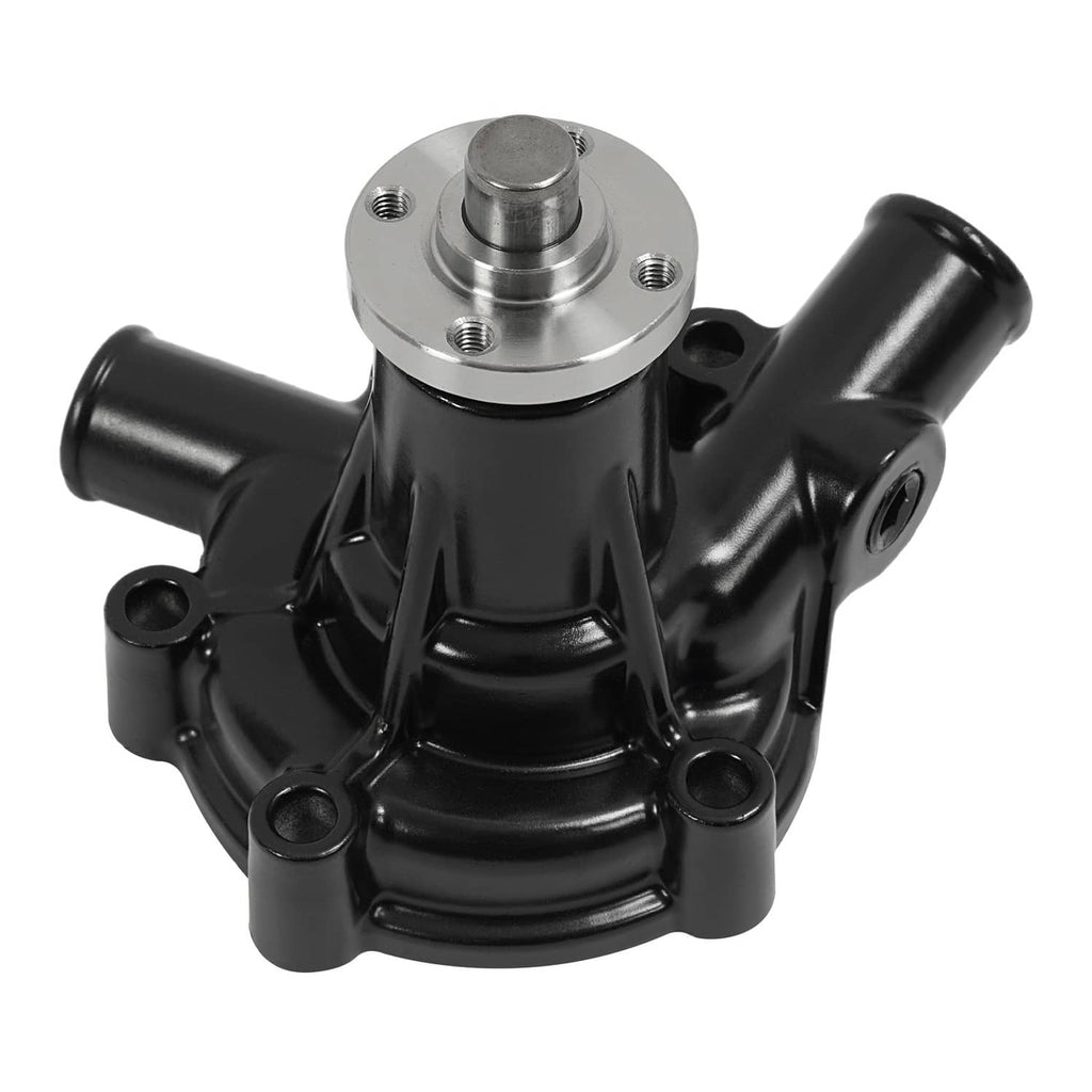 Water pump with black body and silver top flange, angled view