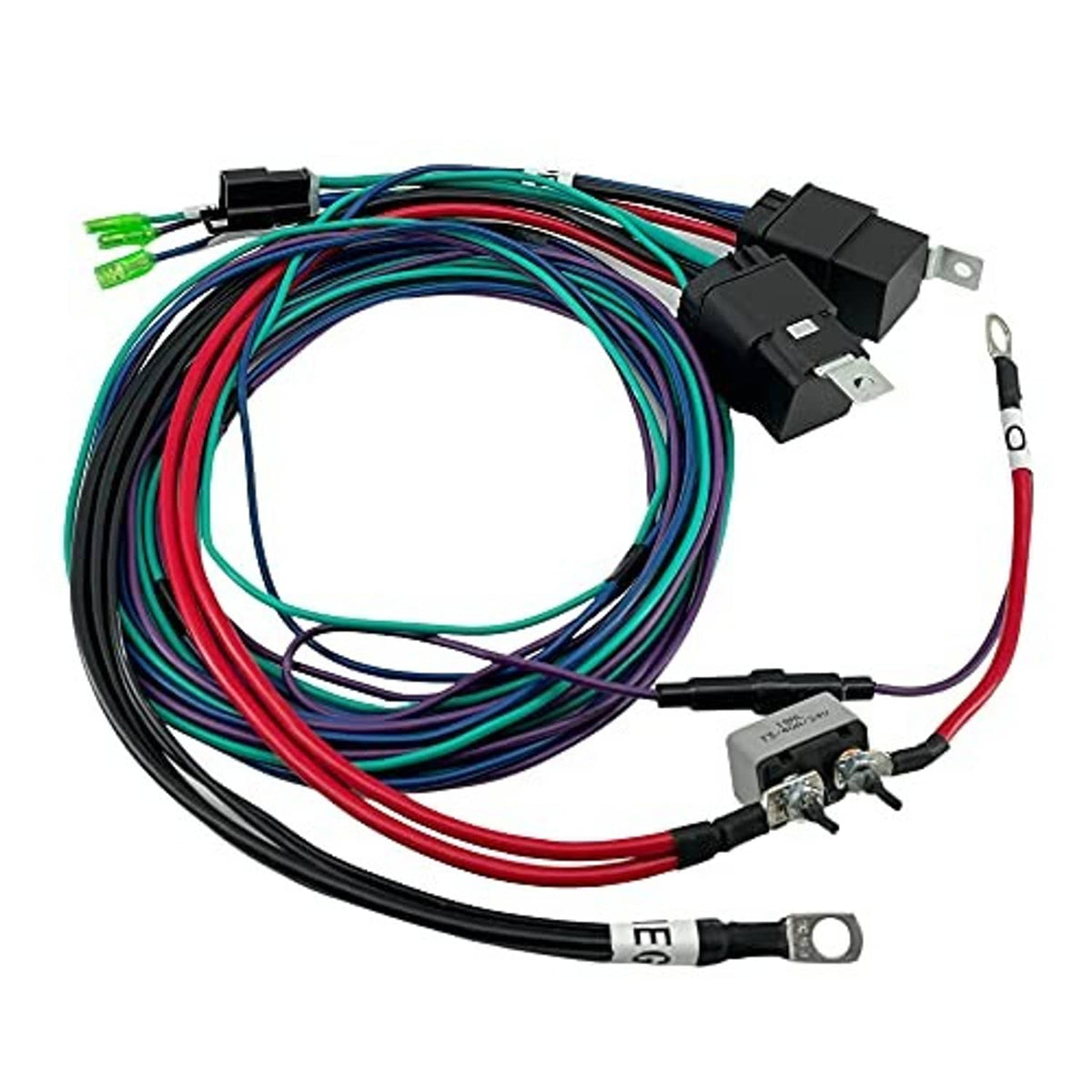 Wiring cable harness kit with multicolor wire bundle and black relay-style connectors