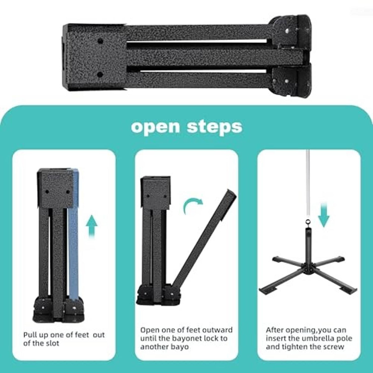 Black foldable umbrella stand base with open feet and center mounting post
