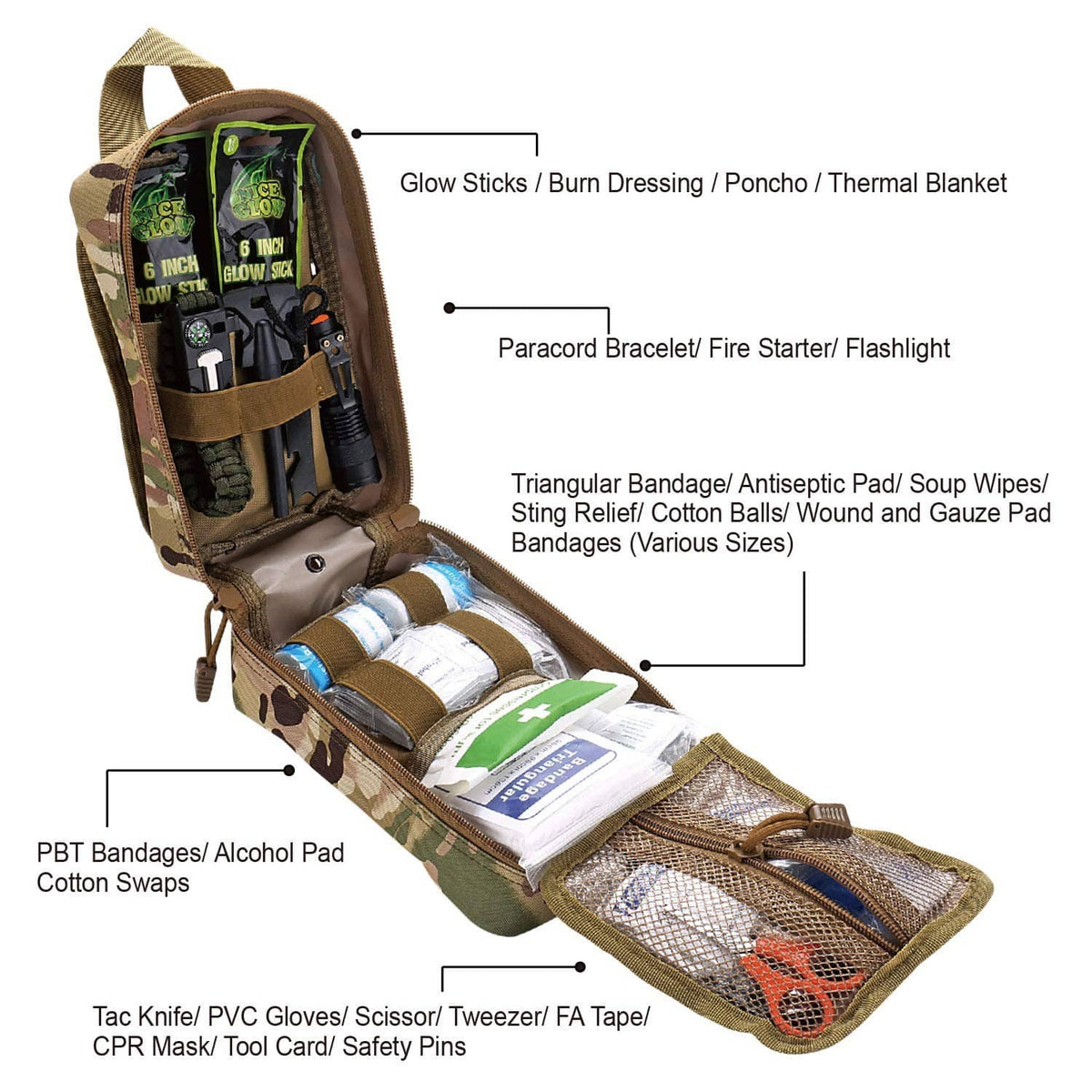Camouflage first aid pouch with red cross patch and MOLLE straps, open view