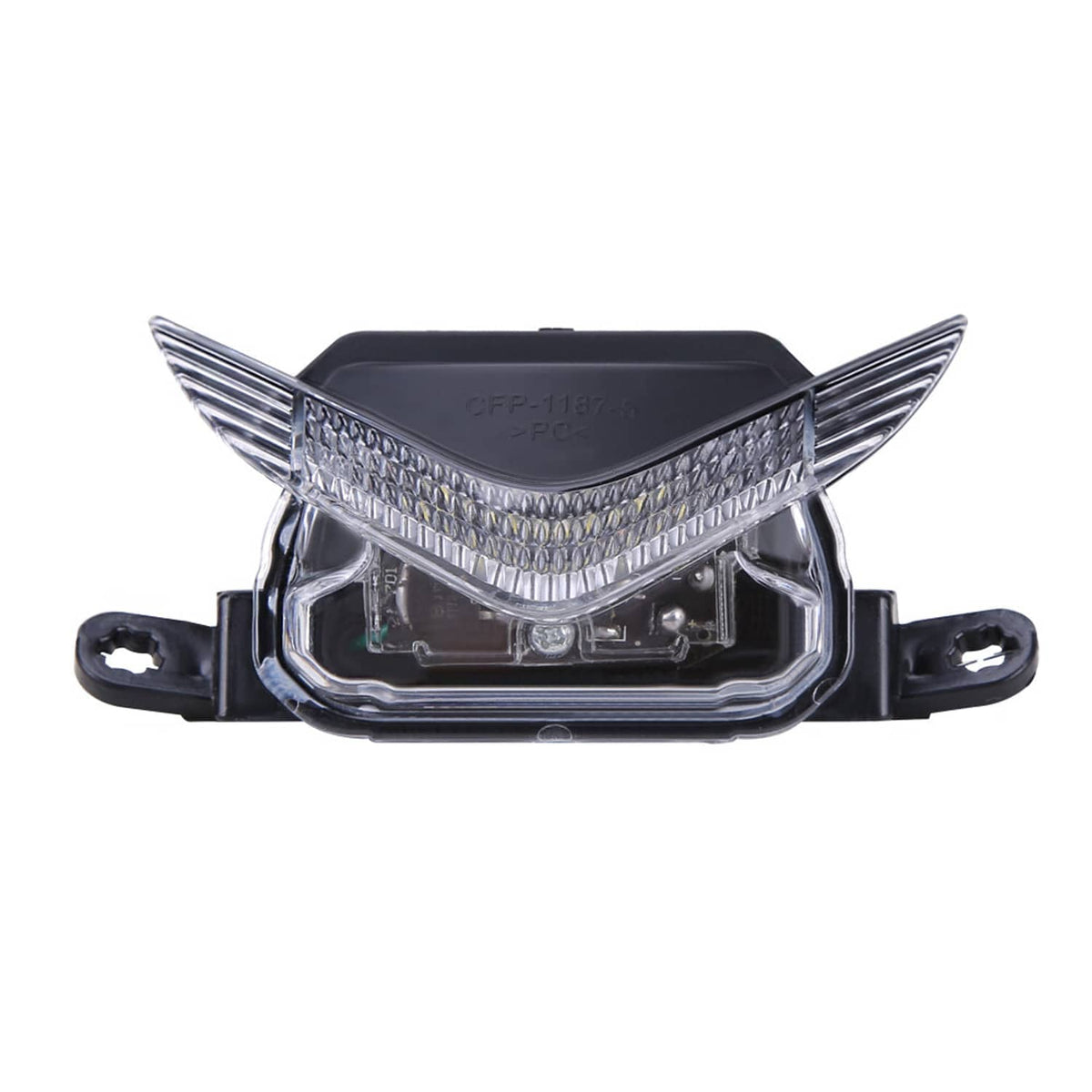 Front view of LED front upper indicator light with clear lens and black housing
