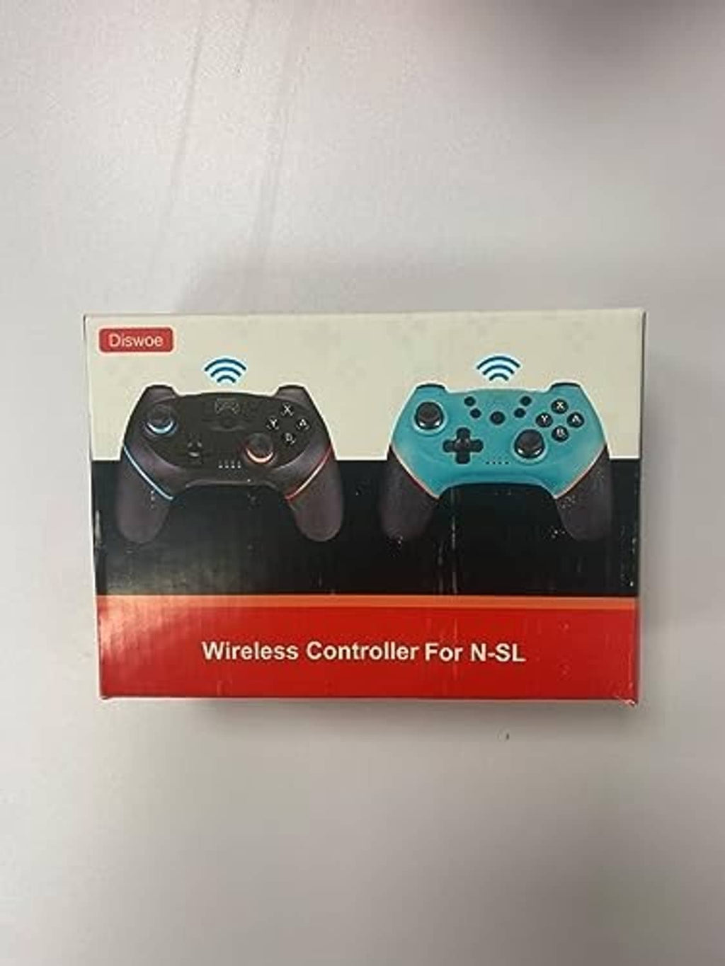 Retail box for wireless controller showing two teal gamepads and a Wi‑Fi icon