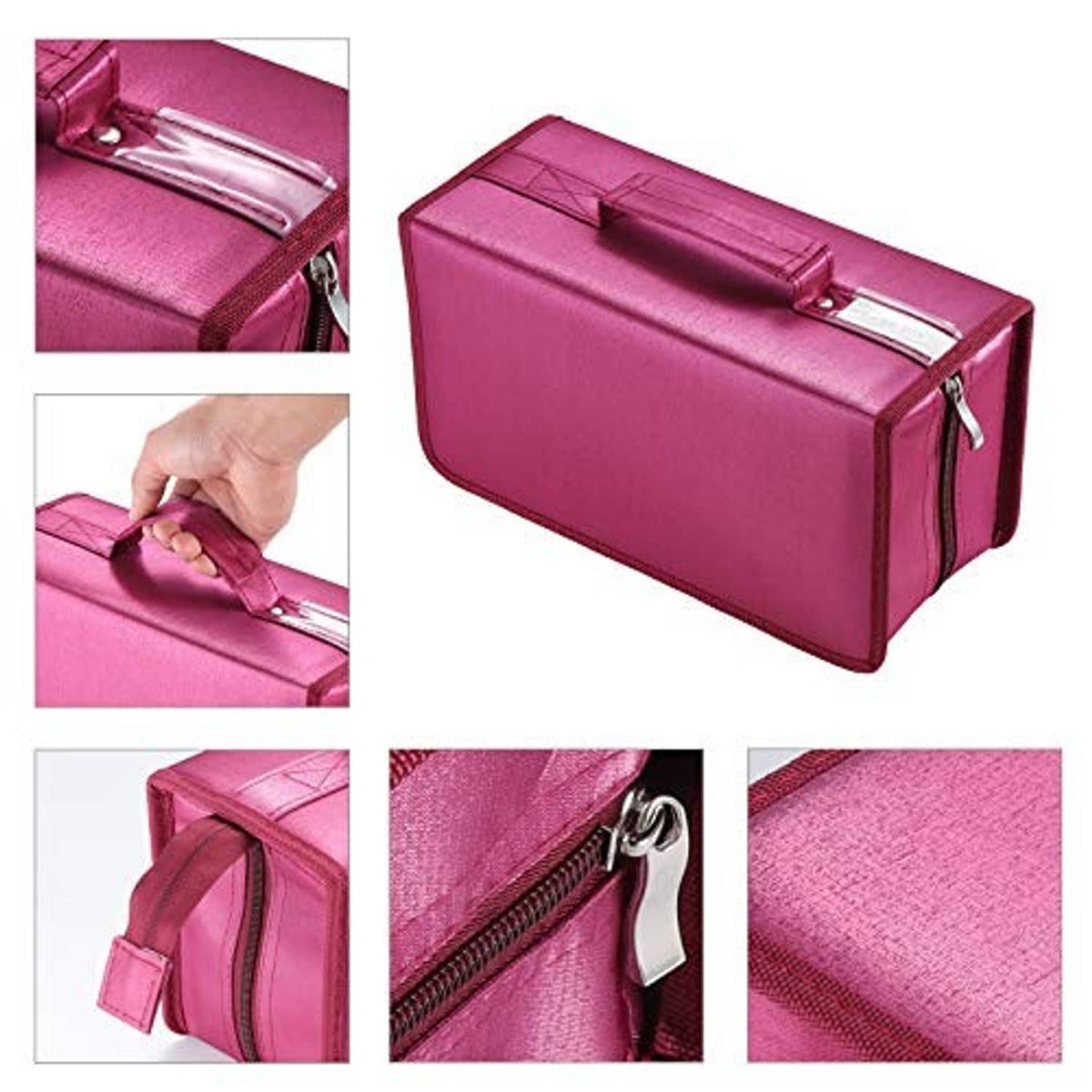 Zippered magenta nylon CD/DVD case detail collage with close-up views of handle and seams.