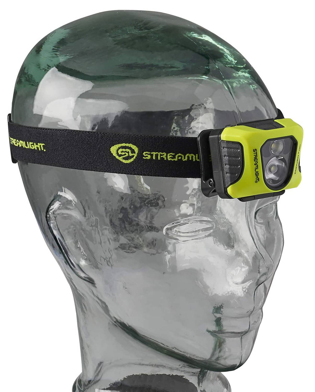 Yellow Streamlight headlamp on face with black strap and front light module