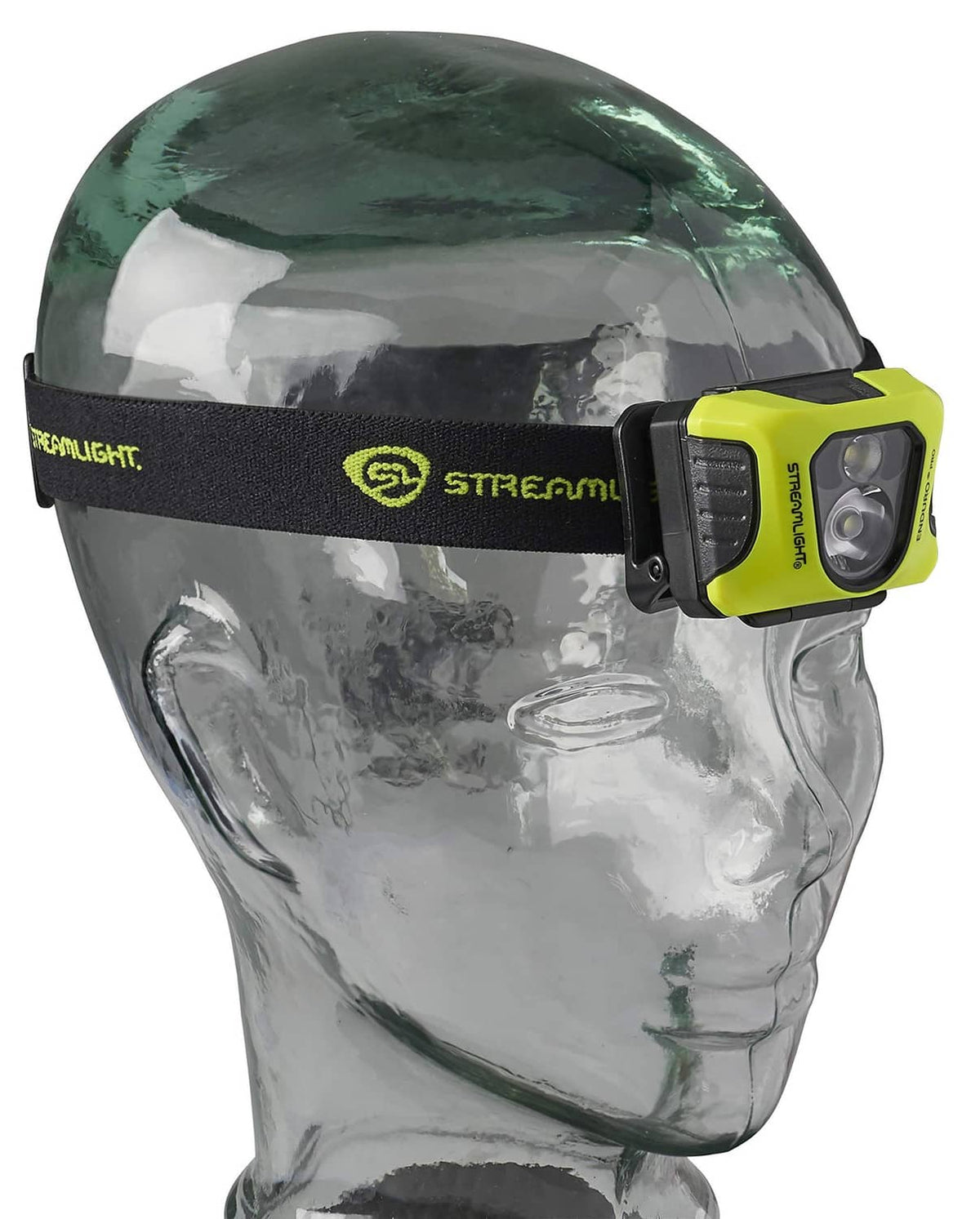 Yellow Streamlight headlamp on face with black strap and front light module