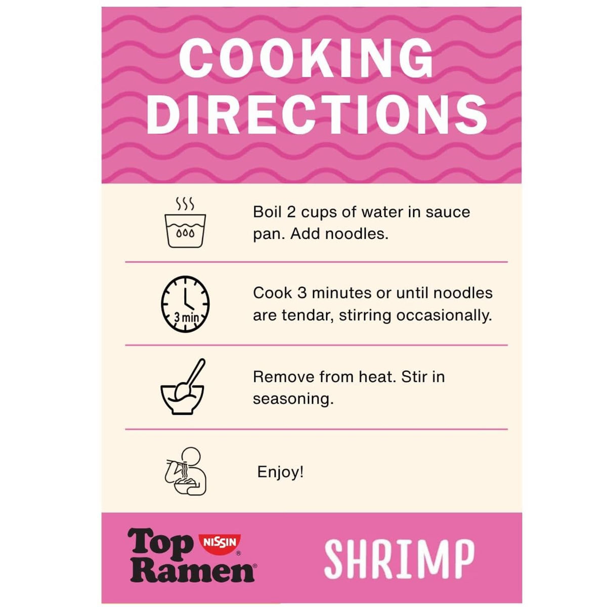 Shrimp flavor instant ramen cooking directions panel with boil and stir steps