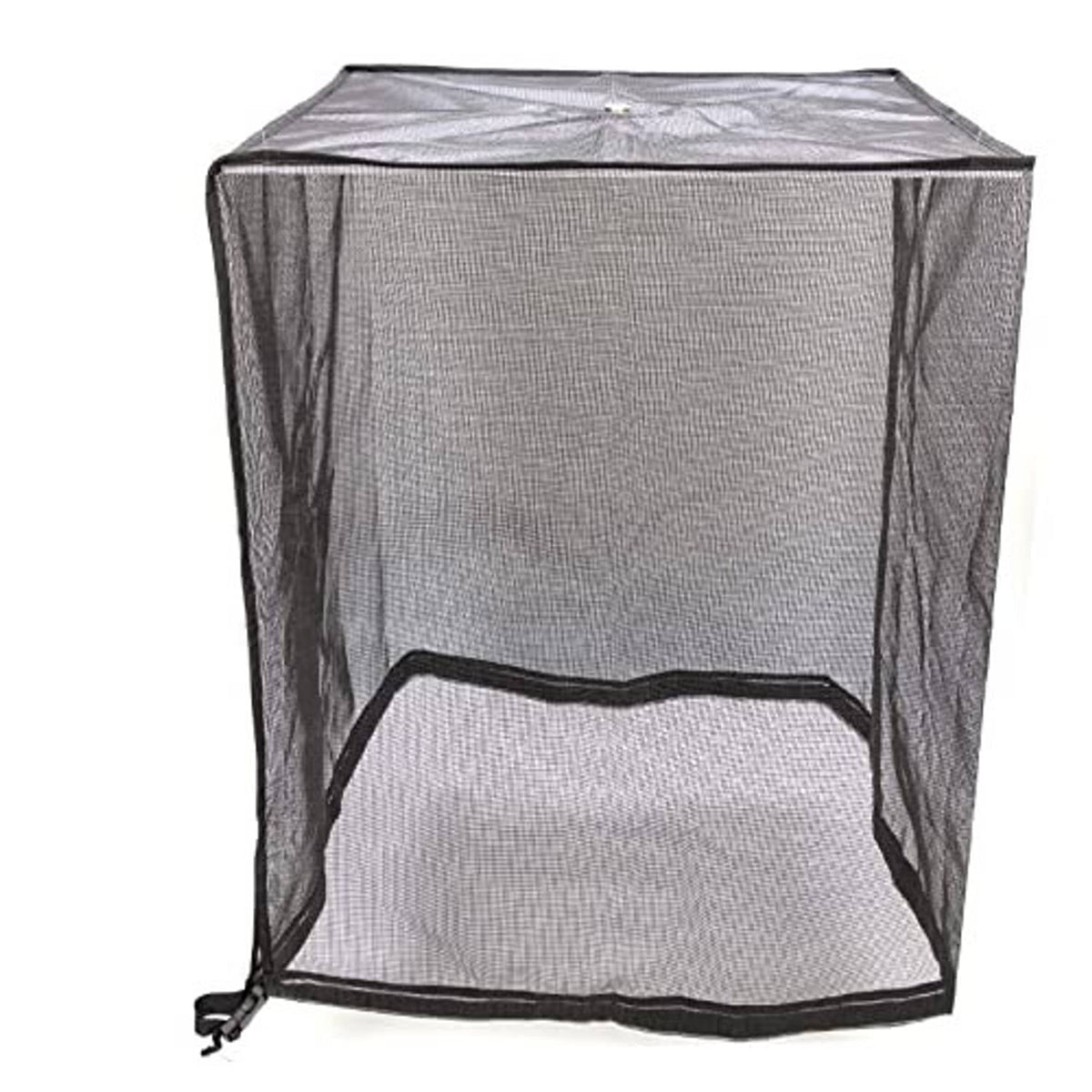 Grey mesh air conditioner cover with front opening and drawstring hem