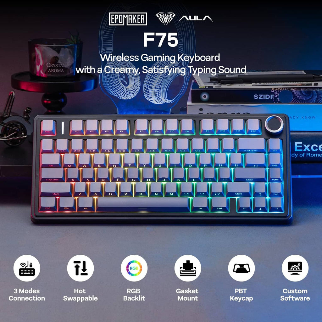 Tri-mode mechanical keyboard with multicolor RGB backlit keycaps and a control knob