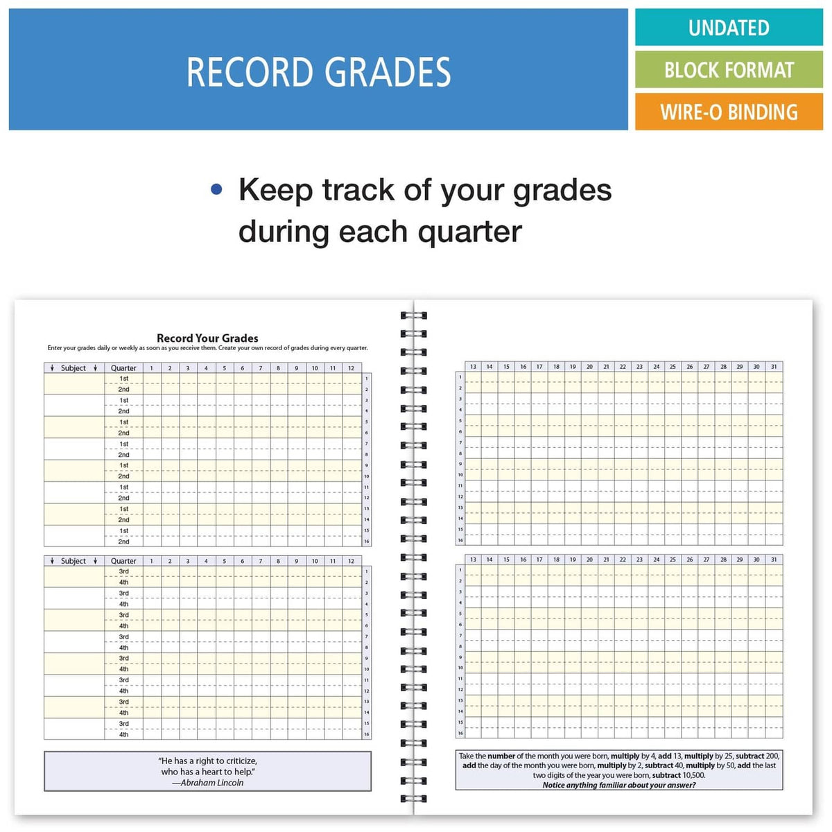 Undated student planner open to record grades tables with subject and quarter rows