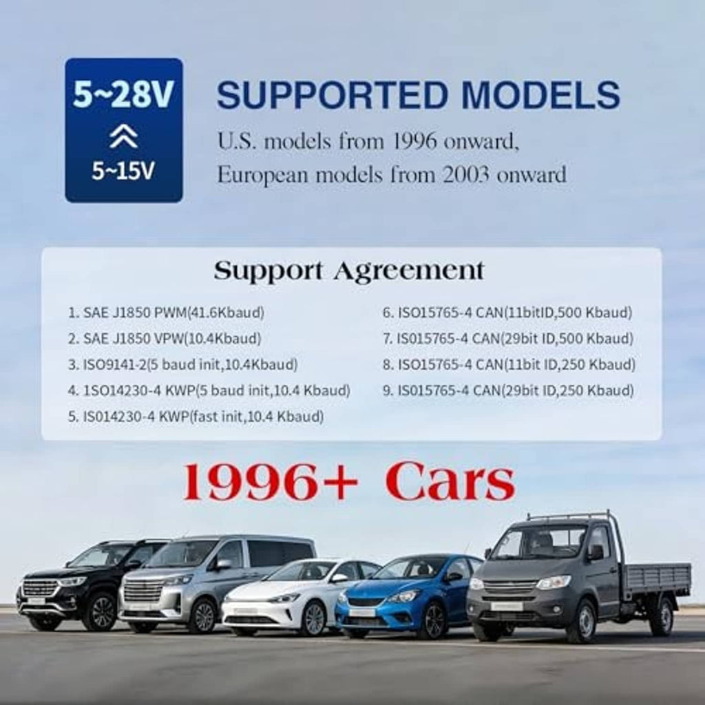 B26 OBD-II Bluetooth scanner with supported models list and vehicle lineup