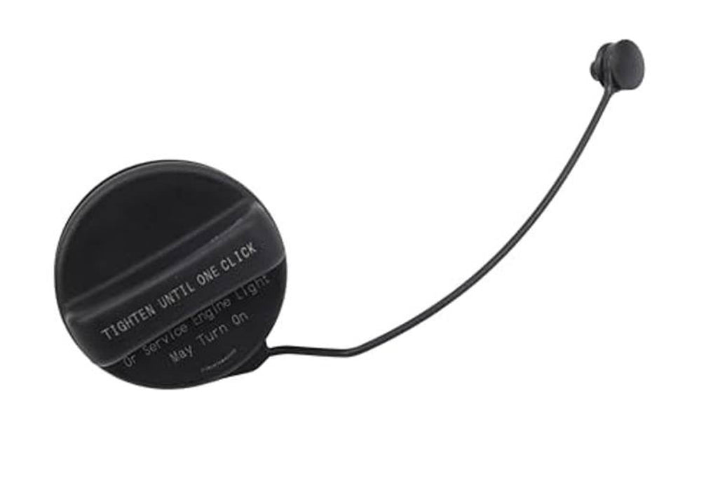 Fuel tank filler cap with tether cable, round black cap showing engraved tightening text