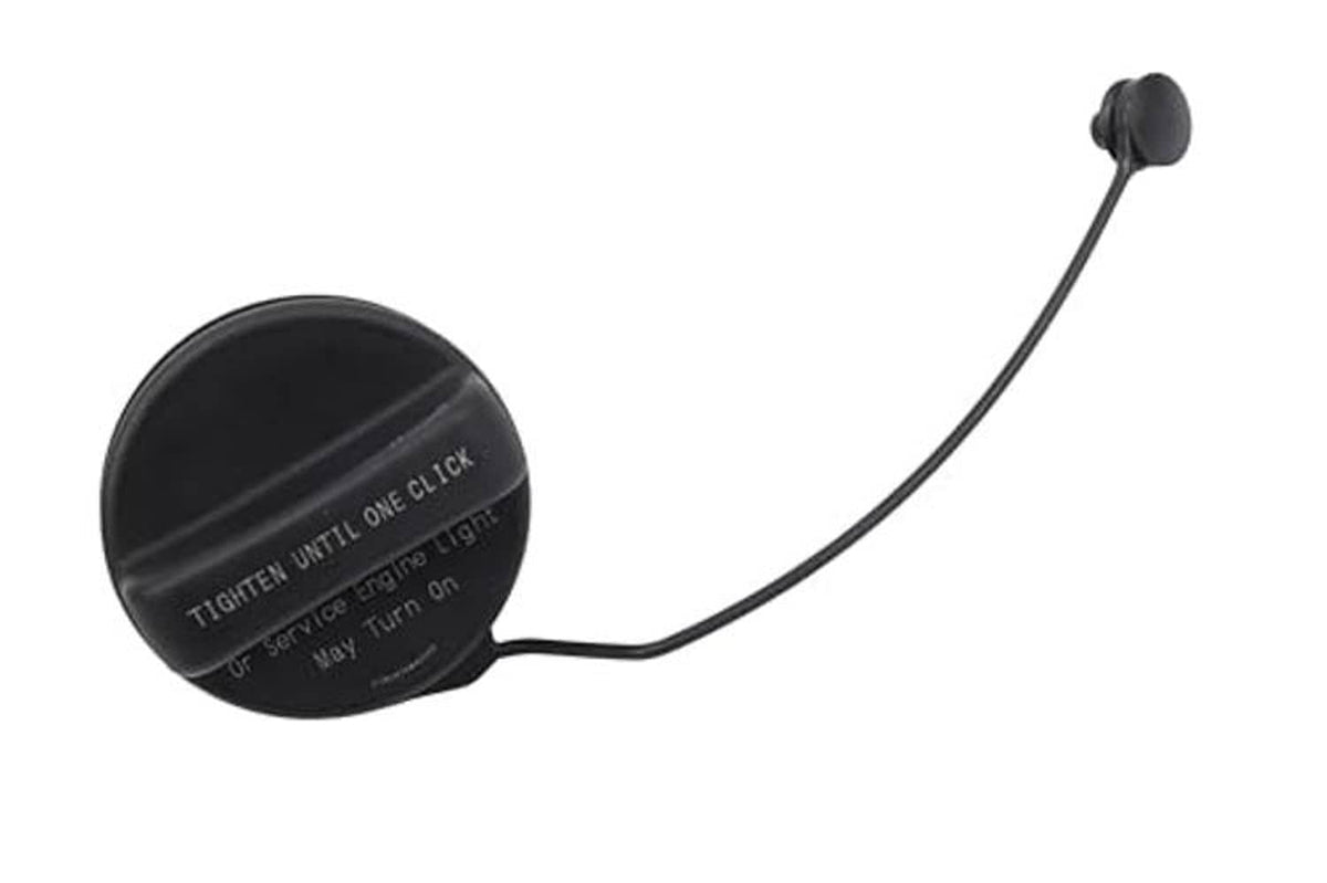 Fuel tank filler cap with tether cable, round black cap showing engraved tightening text