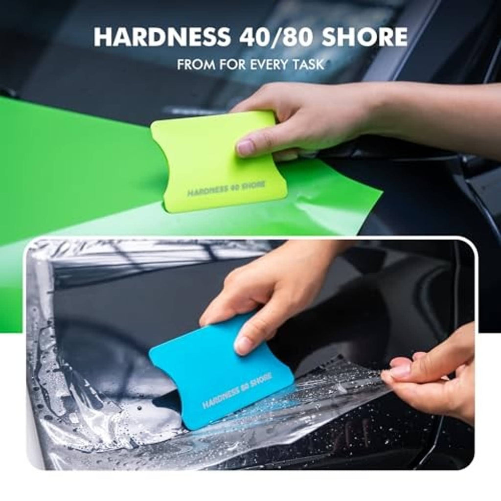 Green vinyl squeegee pressing film onto a car surface, firm 40/80 shore