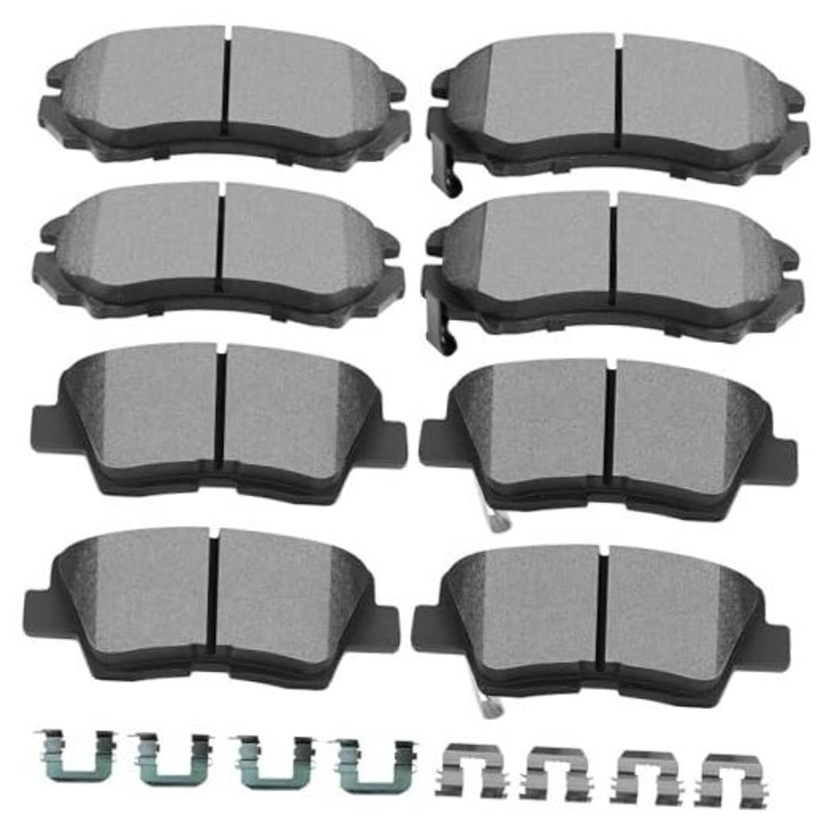 Set of eight gray ceramic brake pads with metal backing and small mounting clips