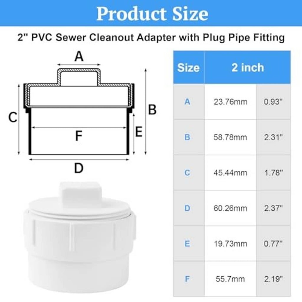White PVC 2-inch sewer cleanout adapter with plug cap and size measurement diagram