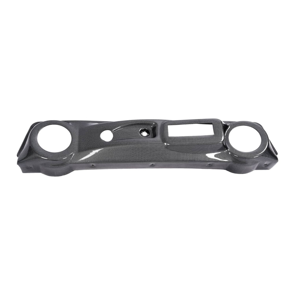Black dash cover with two round openings, rectangular cutout, and mounting holes