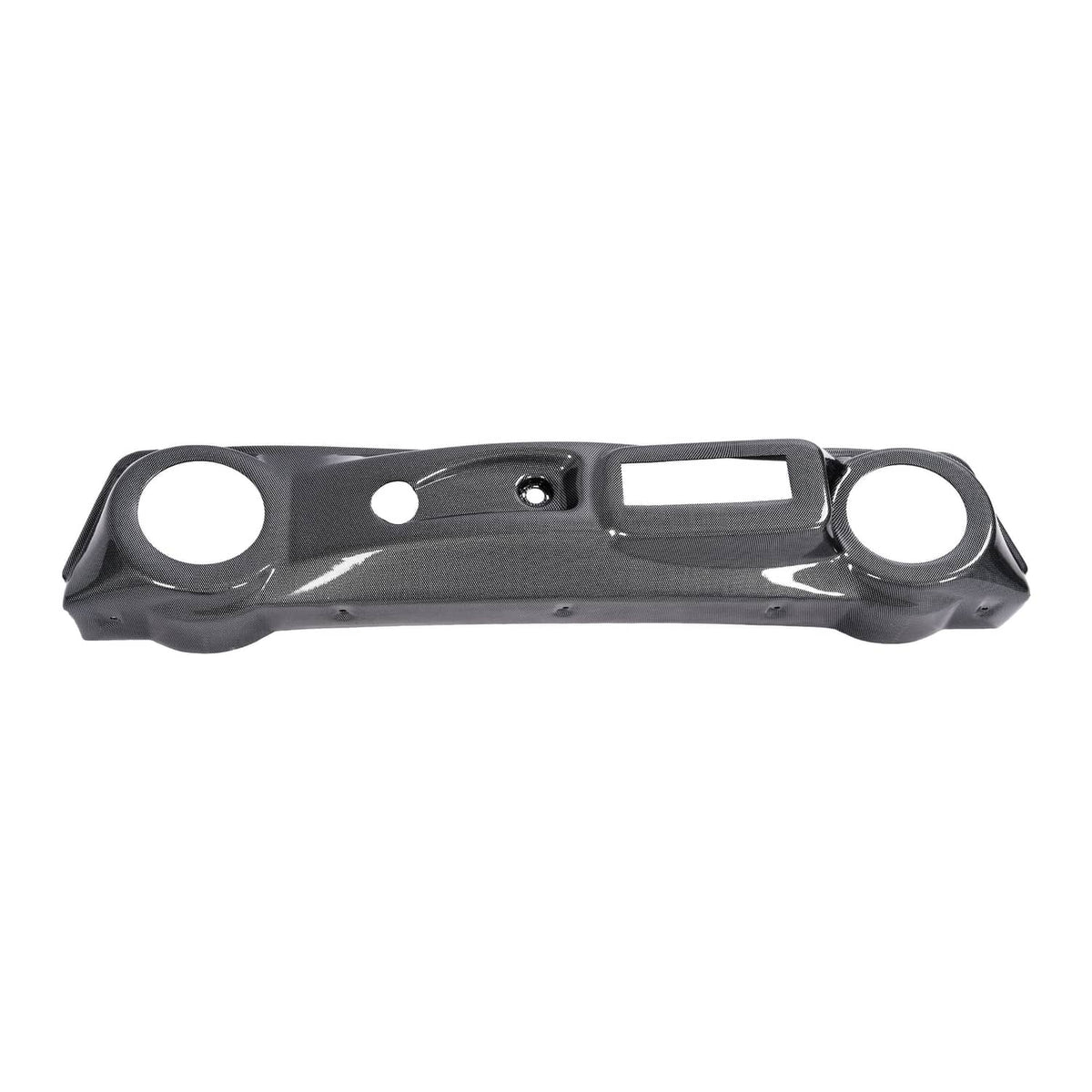Black dash cover with two round openings, rectangular cutout, and mounting holes