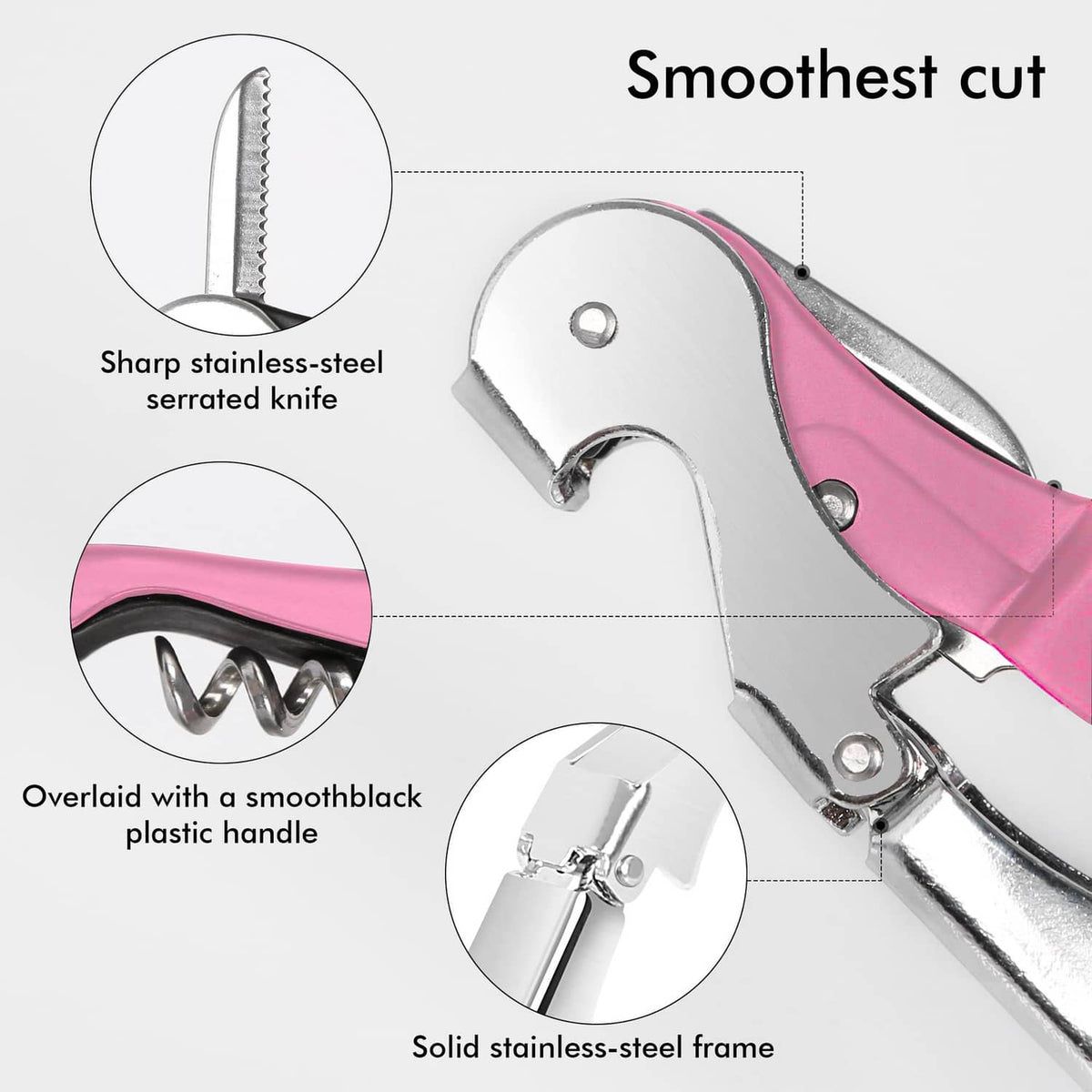 Pink and silver waiter corkscrew with serrated foil-cutting blade close-up